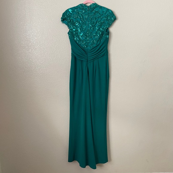 Tadashi Shoji Dress Womens Size 6 Green Sequin Lace Draped Maxi Gown Formal - Picture 9 of 12